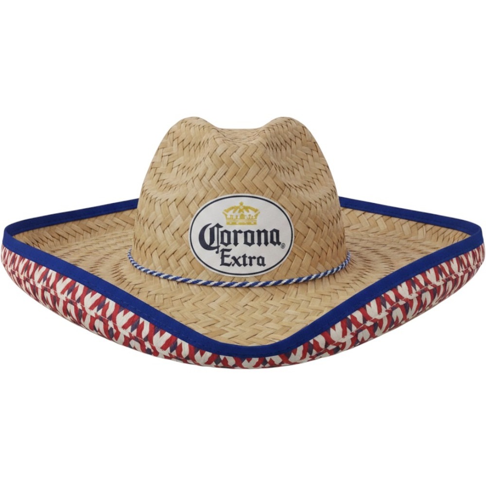 Corona Extra Straw Sombrero Sun Hat Woven Beach Party Blue Red White Trim‎
